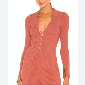 Cult Gaia Faye lace-up ribbed-knit cardigan in Jasper pit to pit 13.  690